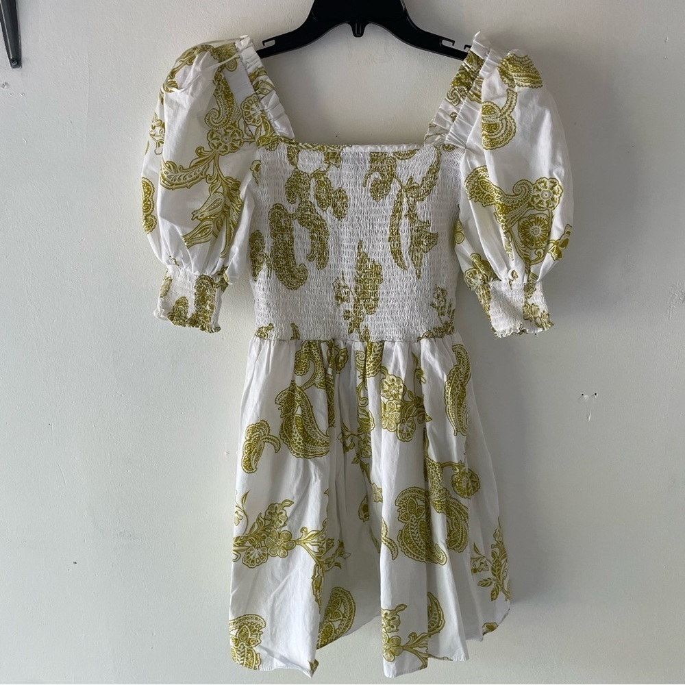 1. State White Green Paisley Print Puff Sleeve Smocked Mini Dress 37722 - Picture 3 of 9